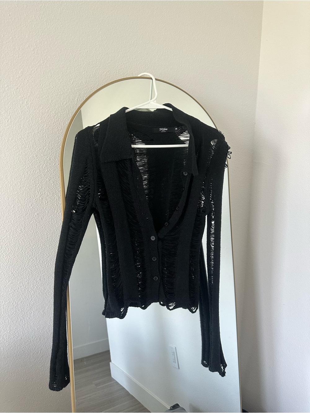 Jaded London Black Distressed Button-Down Knit Shirt